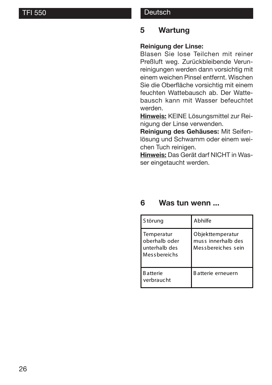 5wartung, 6was tun wenn | Xylem TFI 550 NON-CONTACT THERMOMETERS User Manual | Page 26 / 36