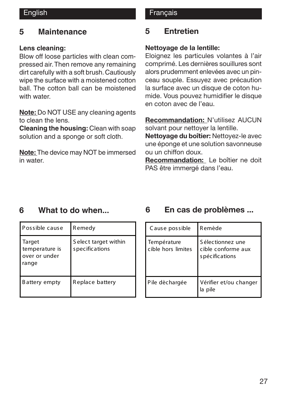 5entretien, 5maintenance, 6en cas de problèmes what to do when | Xylem TFI 550 NON-CONTACT THERMOMETERS User Manual | Page 27 / 36