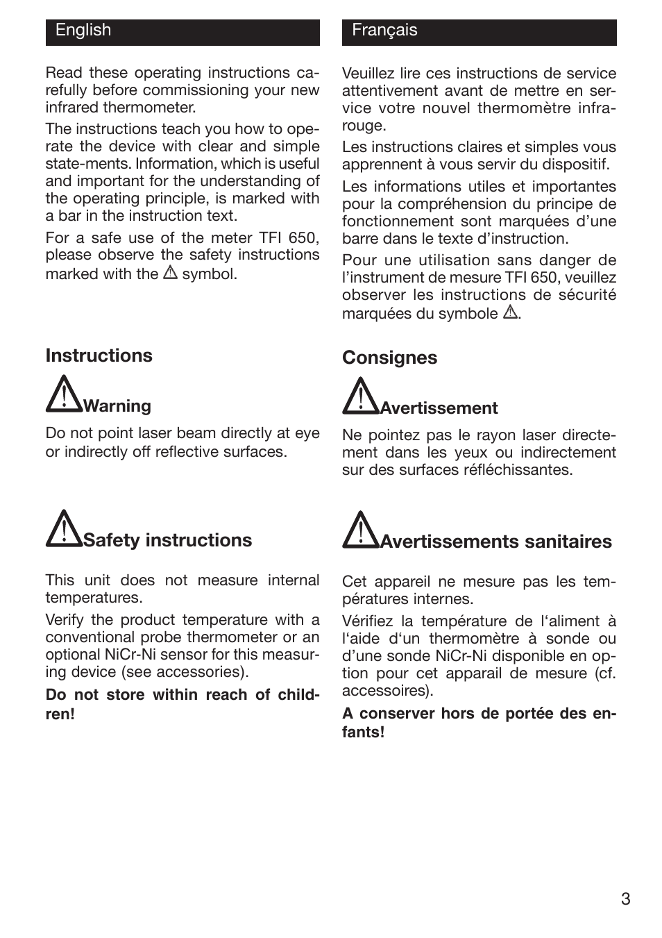 Instructions, Safety instructions, Consignes | Avertissements sanitaires | Xylem TFI 550 NON-CONTACT THERMOMETERS User Manual | Page 3 / 36