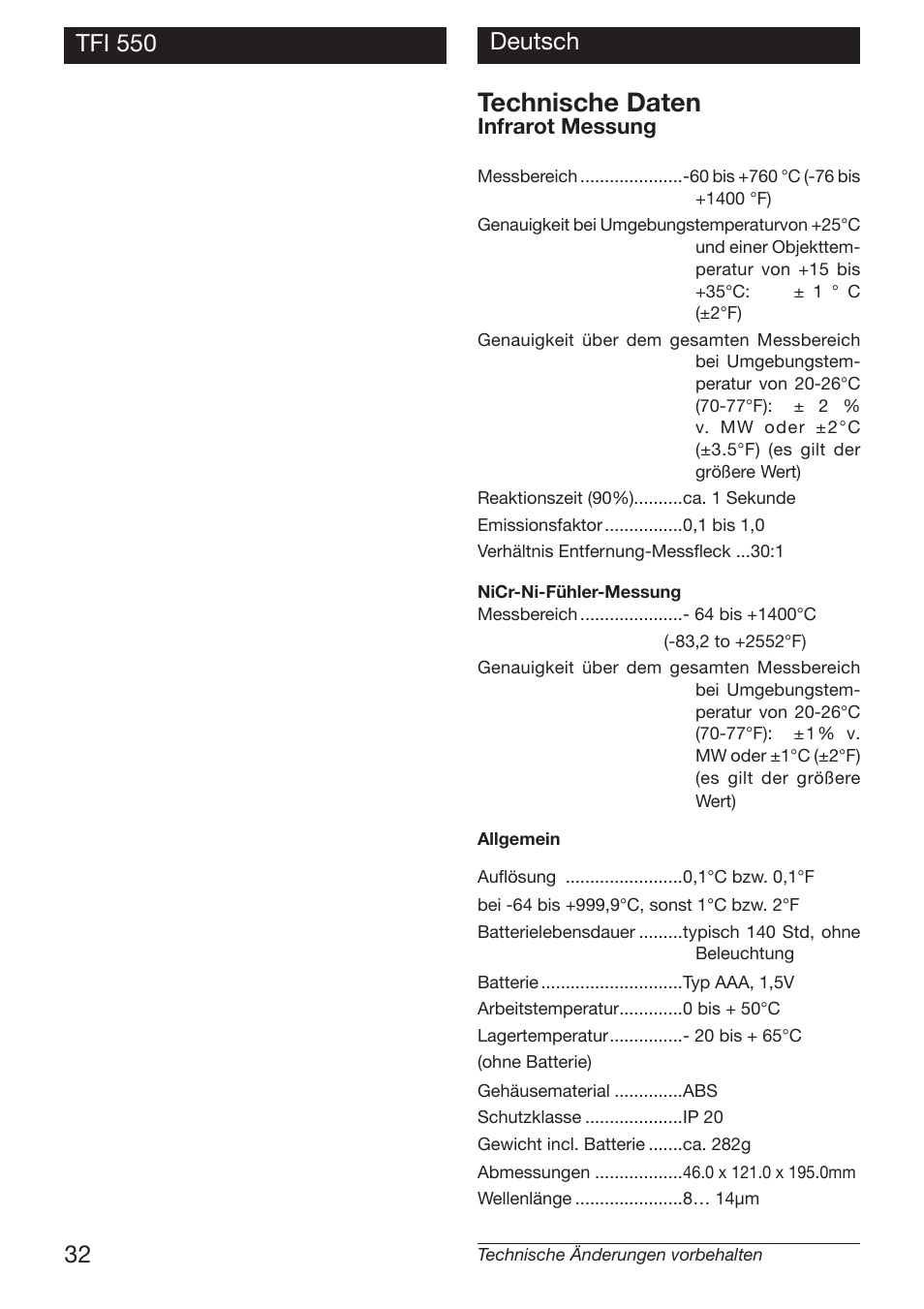 Technische daten | Xylem TFI 550 NON-CONTACT THERMOMETERS User Manual | Page 32 / 36