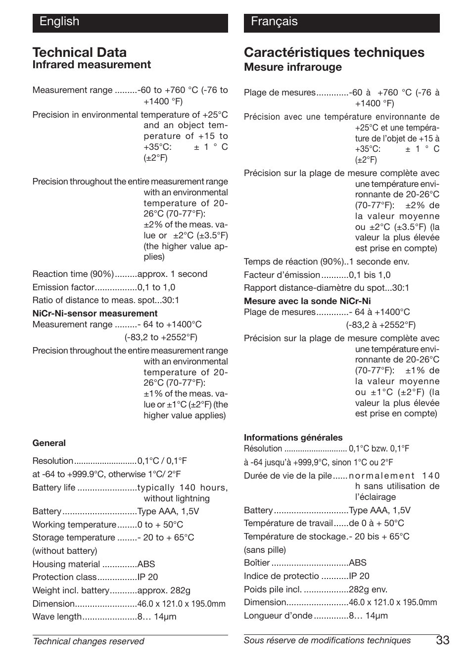 Technical data, Caractéristiques techniques, 33 english français | Xylem TFI 550 NON-CONTACT THERMOMETERS User Manual | Page 33 / 36