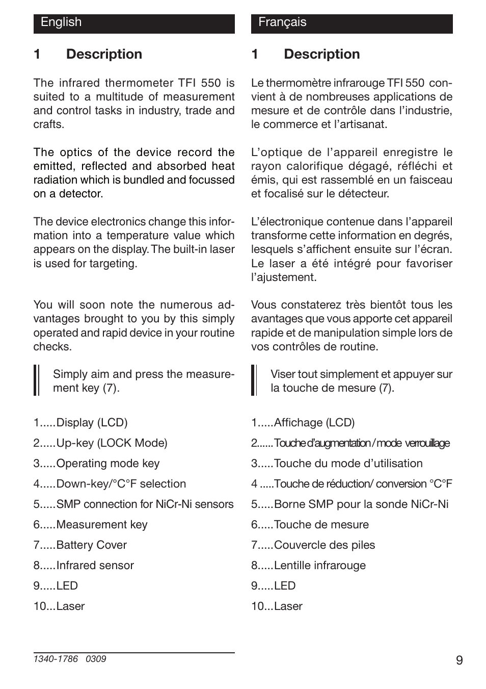 1description | Xylem TFI 550 NON-CONTACT THERMOMETERS User Manual | Page 9 / 36