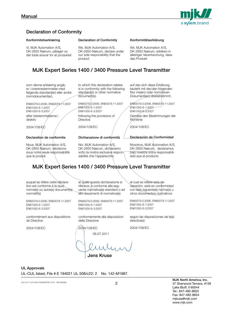 Manual, Declaration of conformity jens kruse | Xylem MJK 713 Open Channel Flowmeter User Manual | Page 2 / 40