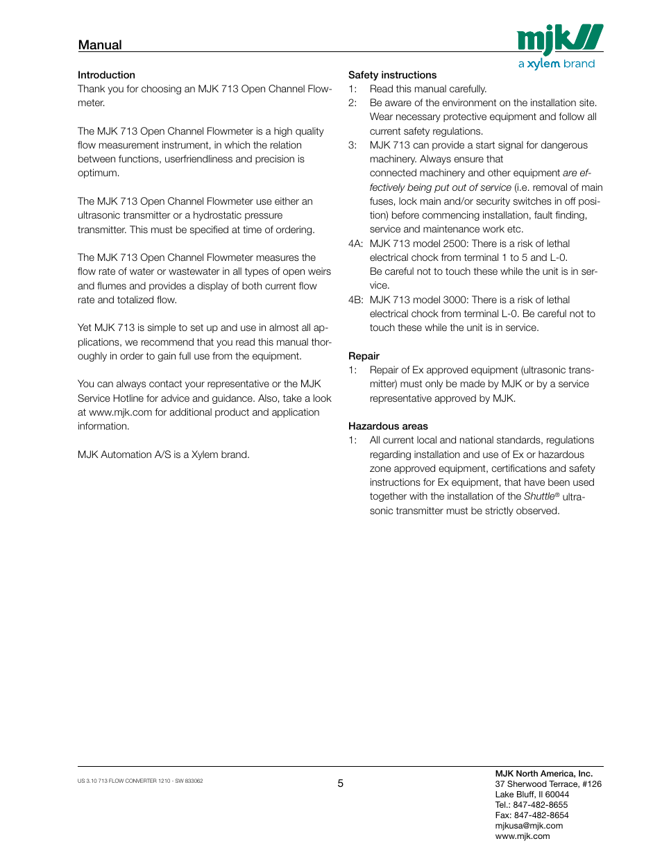 Manual | Xylem MJK 713 Open Channel Flowmeter User Manual | Page 5 / 40