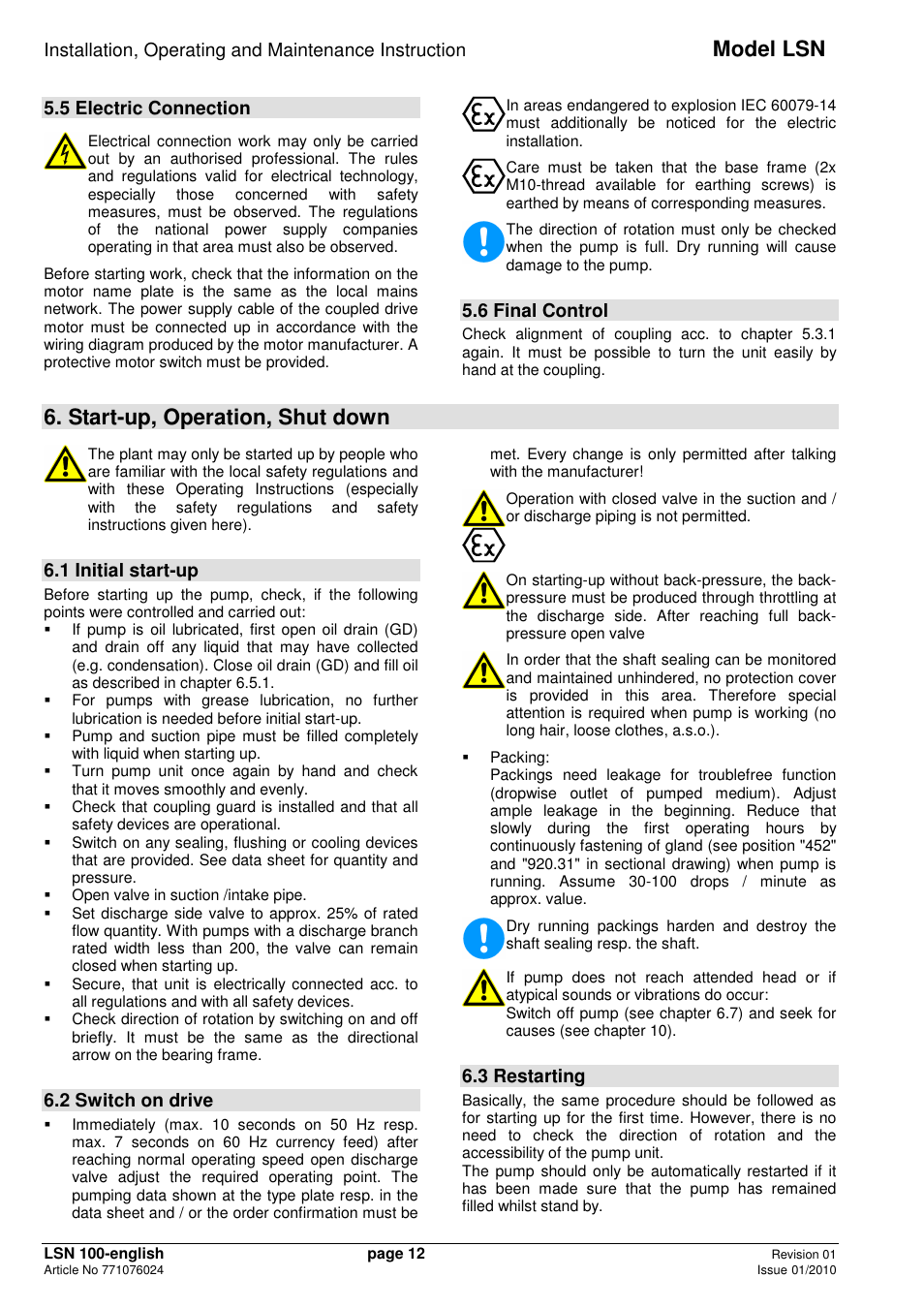 Model lsn, Start-up, operation, shut down, 5 electric connection | 6 final control, 1 initial start-up, 2 switch on drive, 3 restarting | Xylem LSNIH User Manual | Page 14 / 22