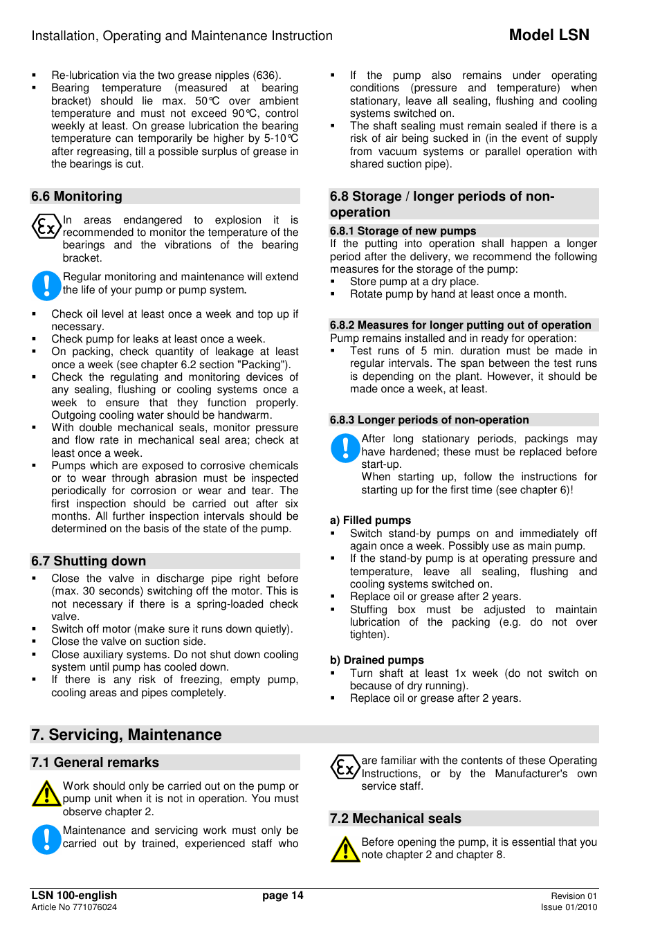 Model lsn, Servicing, maintenance, 6 monitoring | 7 shutting down, 8 storage / longer periods of non- operation, 1 general remarks, 2 mechanical seals | Xylem LSNIH User Manual | Page 16 / 22