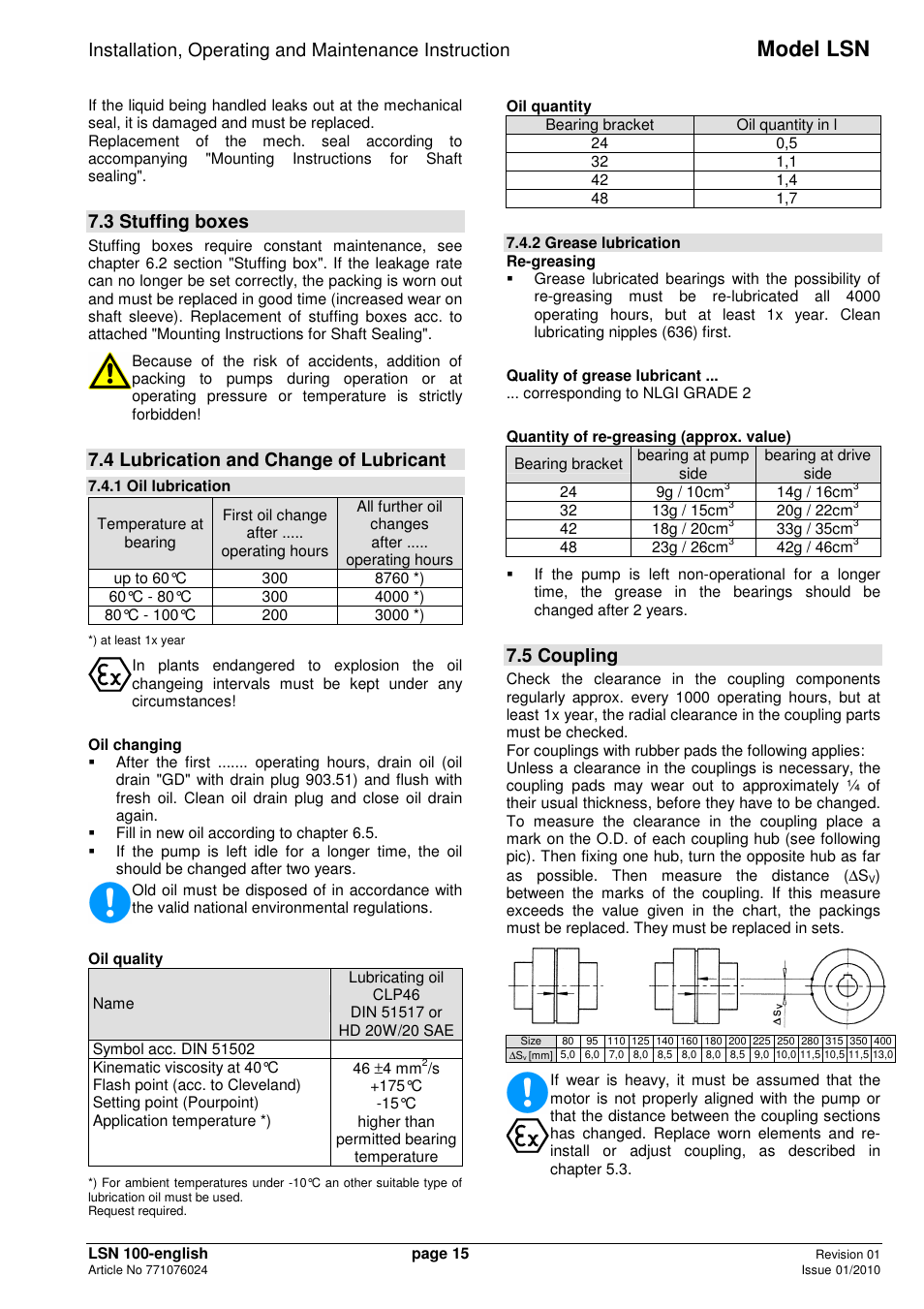 Model lsn, 3 stuffing boxes, 4 lubrication and change of lubricant | 5 coupling | Xylem LSNIH User Manual | Page 17 / 22
