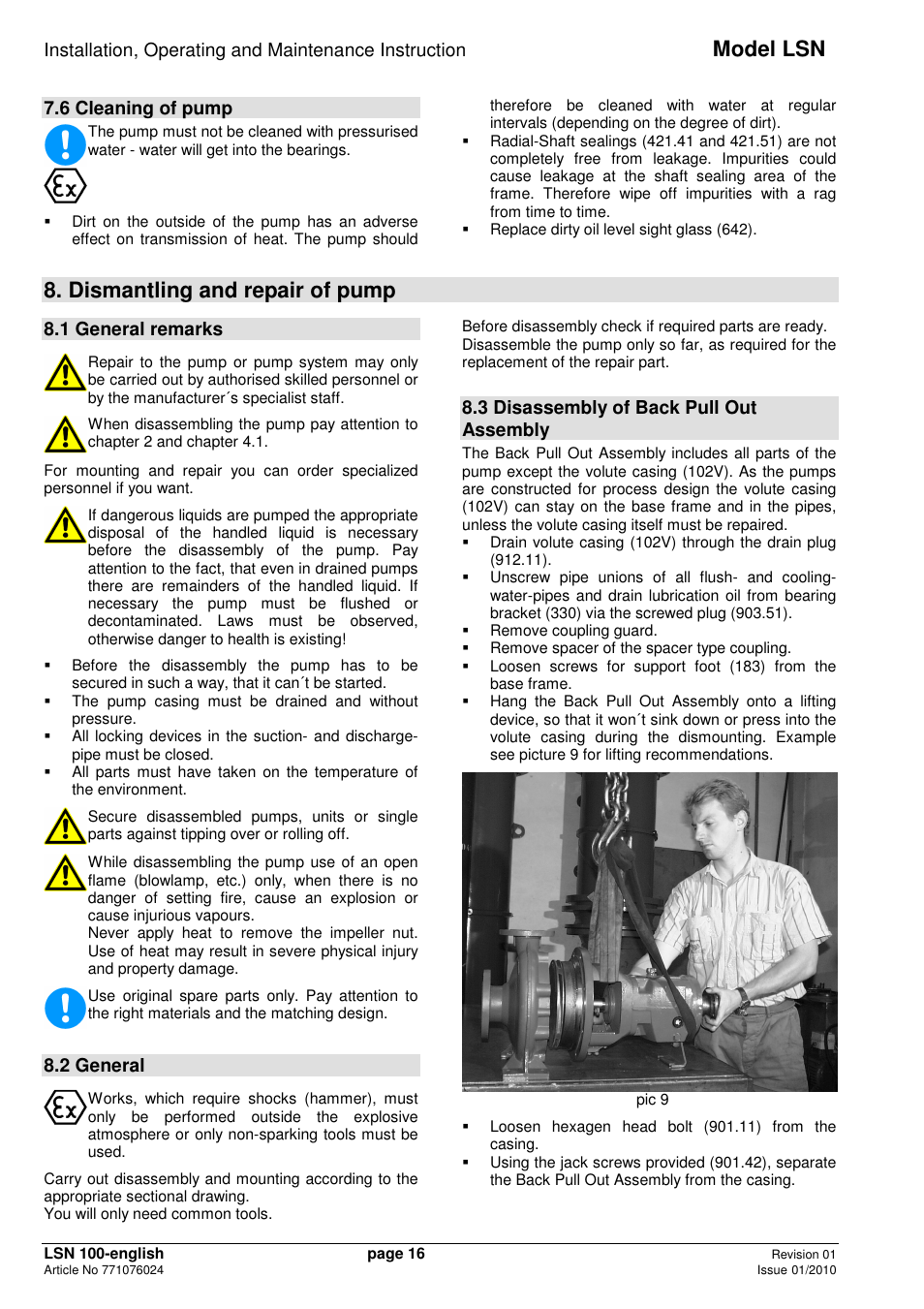 Model lsn, Dismantling and repair of pump, 6 cleaning of pump | 1 general remarks, 2 general, 3 disassembly of back pull out assembly | Xylem LSNIH User Manual | Page 18 / 22