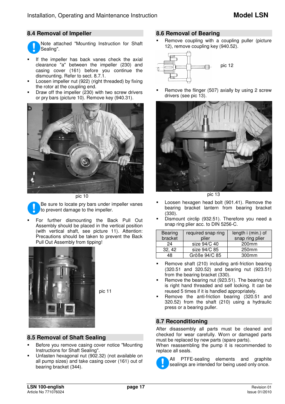 Model lsn, 4 removal of impeller, 5 removal of shaft sealing | 6 removal of bearing, 7 reconditioning | Xylem LSNIH User Manual | Page 19 / 22