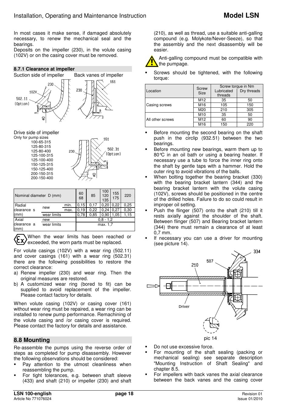 Model lsn, 8 mounting | Xylem LSNIH User Manual | Page 20 / 22