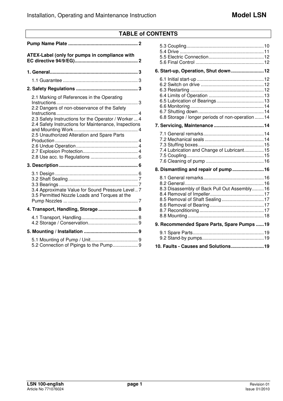 Model lsn | Xylem LSNIH User Manual | Page 3 / 22