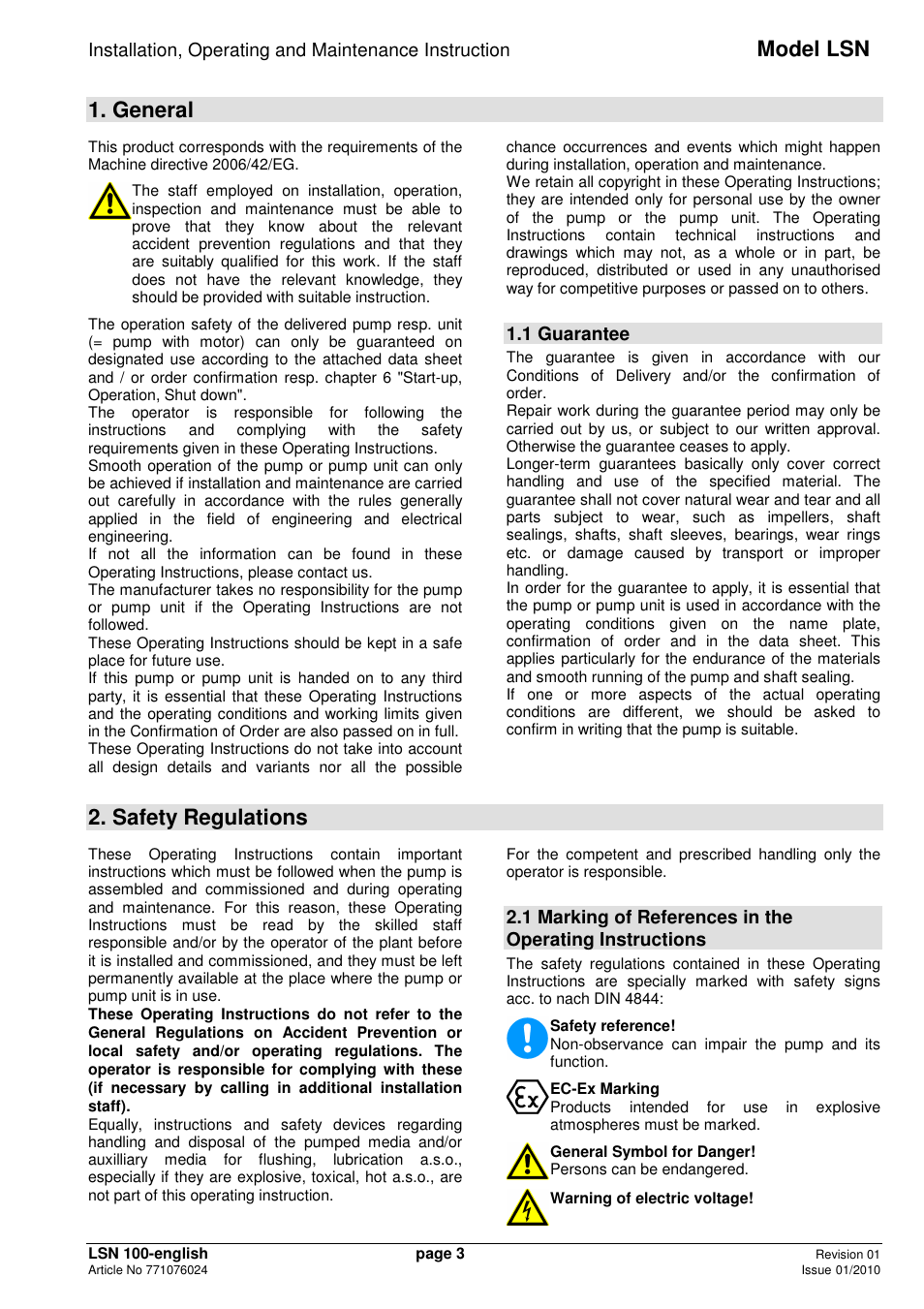 Model lsn, General, Safety regulations | 1 guarantee | Xylem LSNIH User Manual | Page 5 / 22