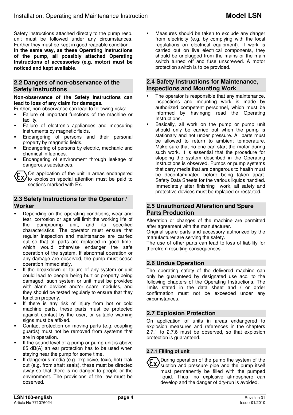 Model lsn, 3 safety instructions for the operator / worker, 6 undue operation | 7 explosion protection | Xylem LSNIH User Manual | Page 6 / 22