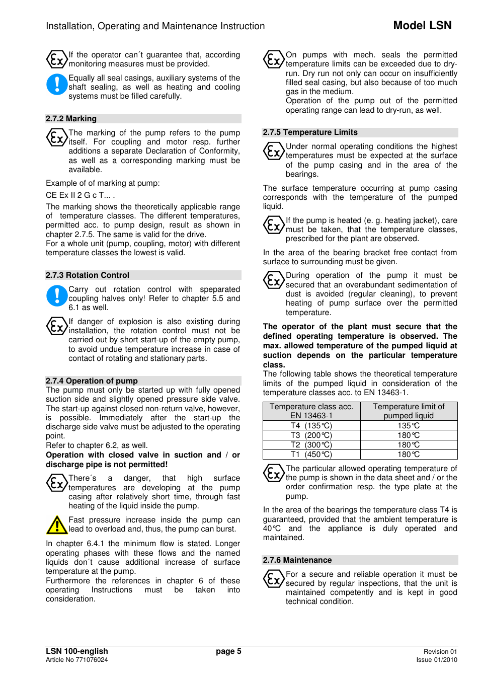 Model lsn | Xylem LSNIH User Manual | Page 7 / 22