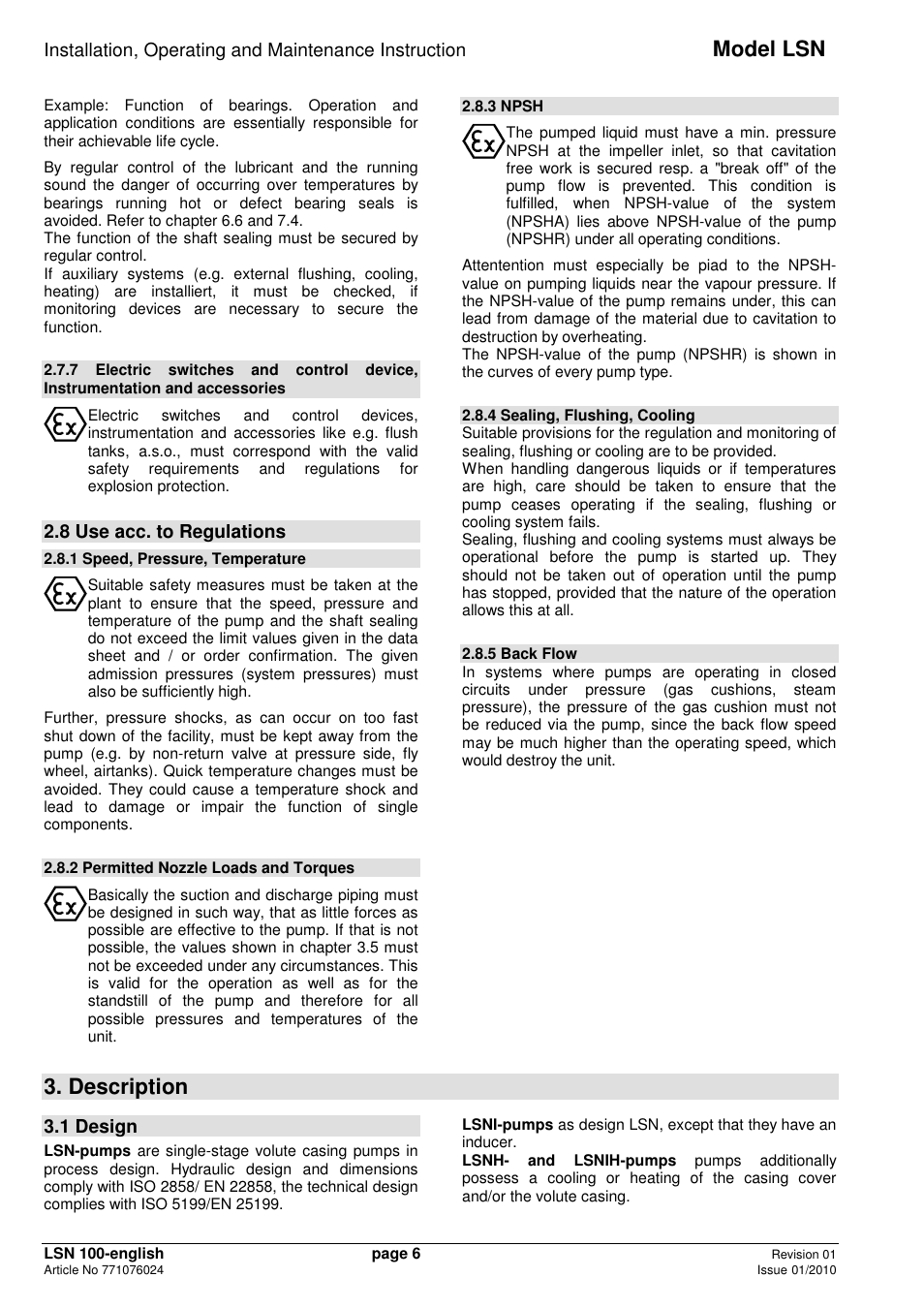 Model lsn, Description, 8 use acc. to regulations | 1 design | Xylem LSNIH User Manual | Page 8 / 22