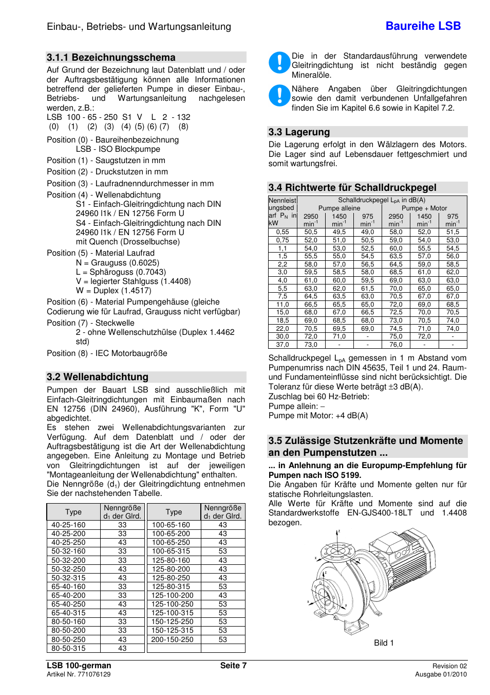 Baureihe lsb, Einbau-, betriebs- und wartungsanleitung, 1 bezeichnungsschema | 2 wellenabdichtung, 3 lagerung, 4 richtwerte für schalldruckpegel | Xylem LSB User Manual | Page 11 / 108