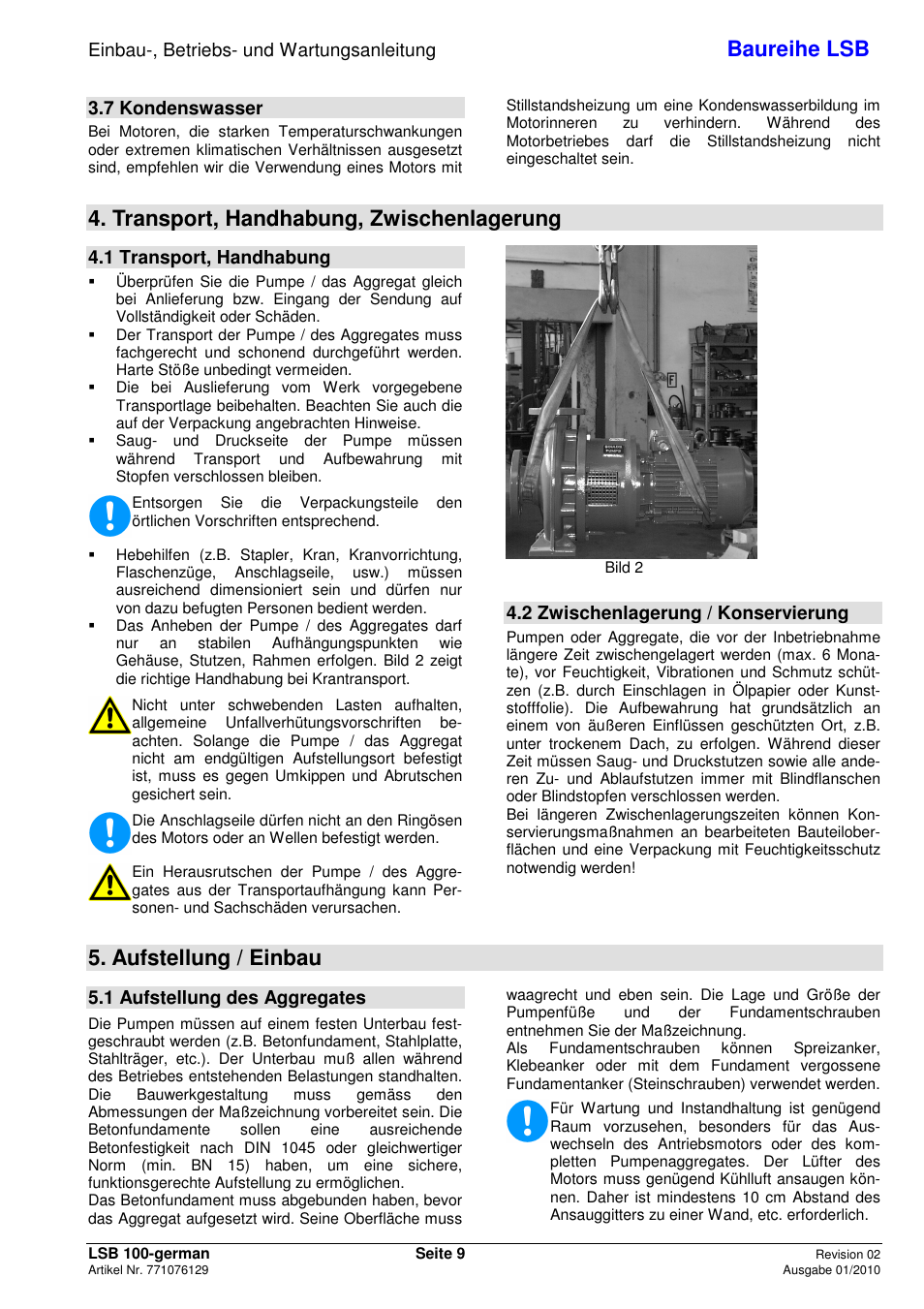 Baureihe lsb, Transport, handhabung, zwischenlagerung, Aufstellung / einbau | Einbau-, betriebs- und wartungsanleitung, 7 kondenswasser, 1 transport, handhabung, 2 zwischenlagerung / konservierung, 1 aufstellung des aggregates | Xylem LSB User Manual | Page 13 / 108