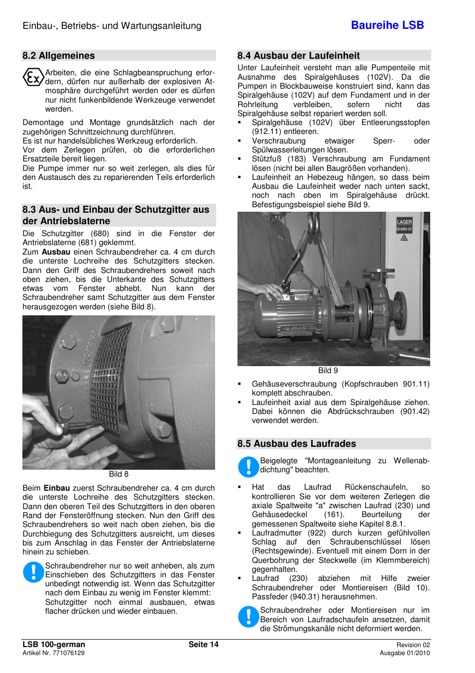 Baureihe lsb, Einbau-, betriebs- und wartungsanleitung, 2 allgemeines | 4 ausbau der laufeinheit, 5 ausbau des laufrades | Xylem LSB User Manual | Page 18 / 108