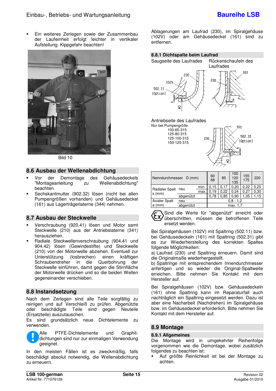 Baureihe lsb, Einbau-, betriebs- und wartungsanleitung, 6 ausbau der wellenabdichtung | 7 ausbau der steckwelle, 8 instandsetzung, 9 montage | Xylem LSB User Manual | Page 19 / 108