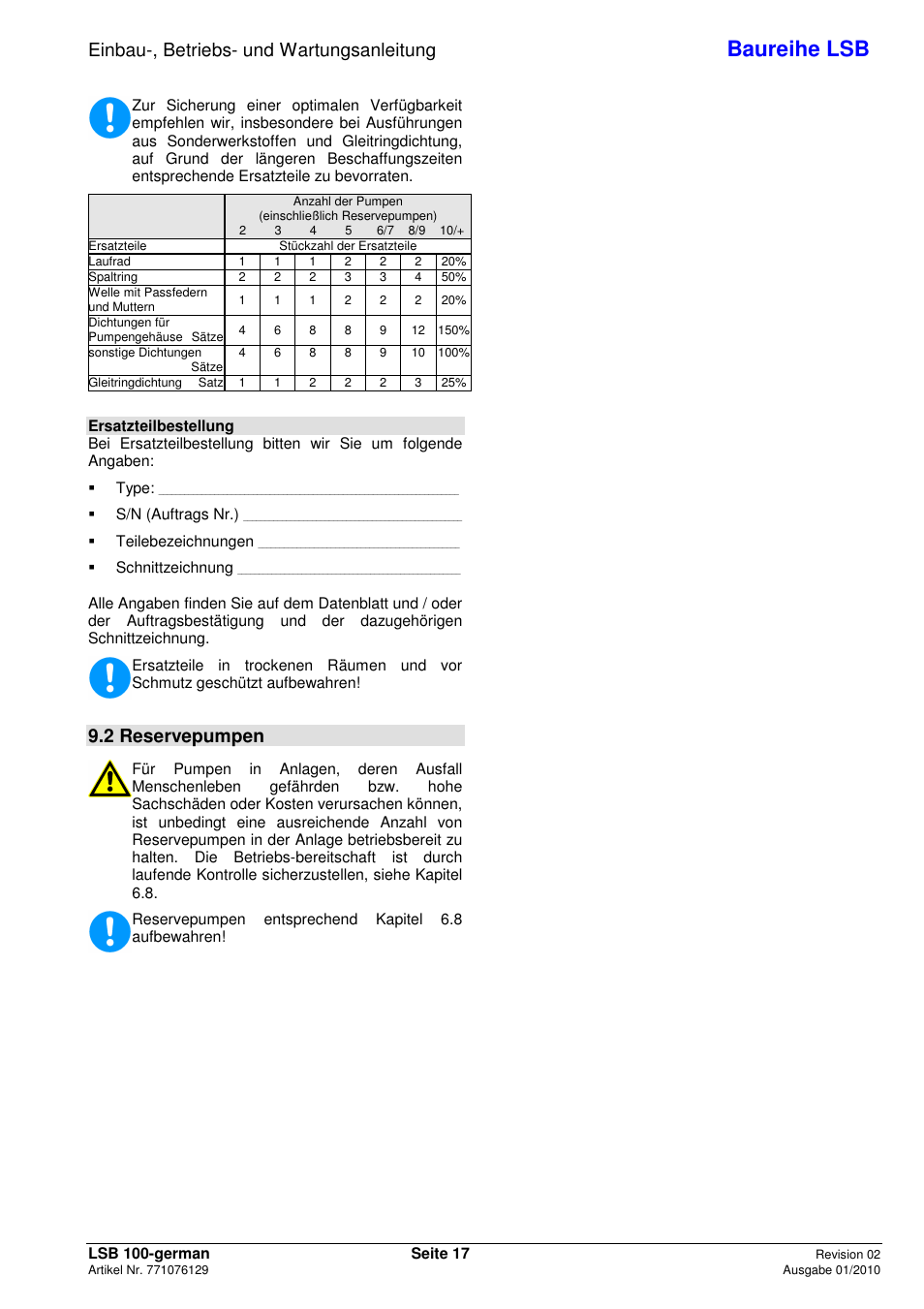 Baureihe lsb, Einbau-, betriebs- und wartungsanleitung, 2 reservepumpen | Xylem LSB User Manual | Page 21 / 108