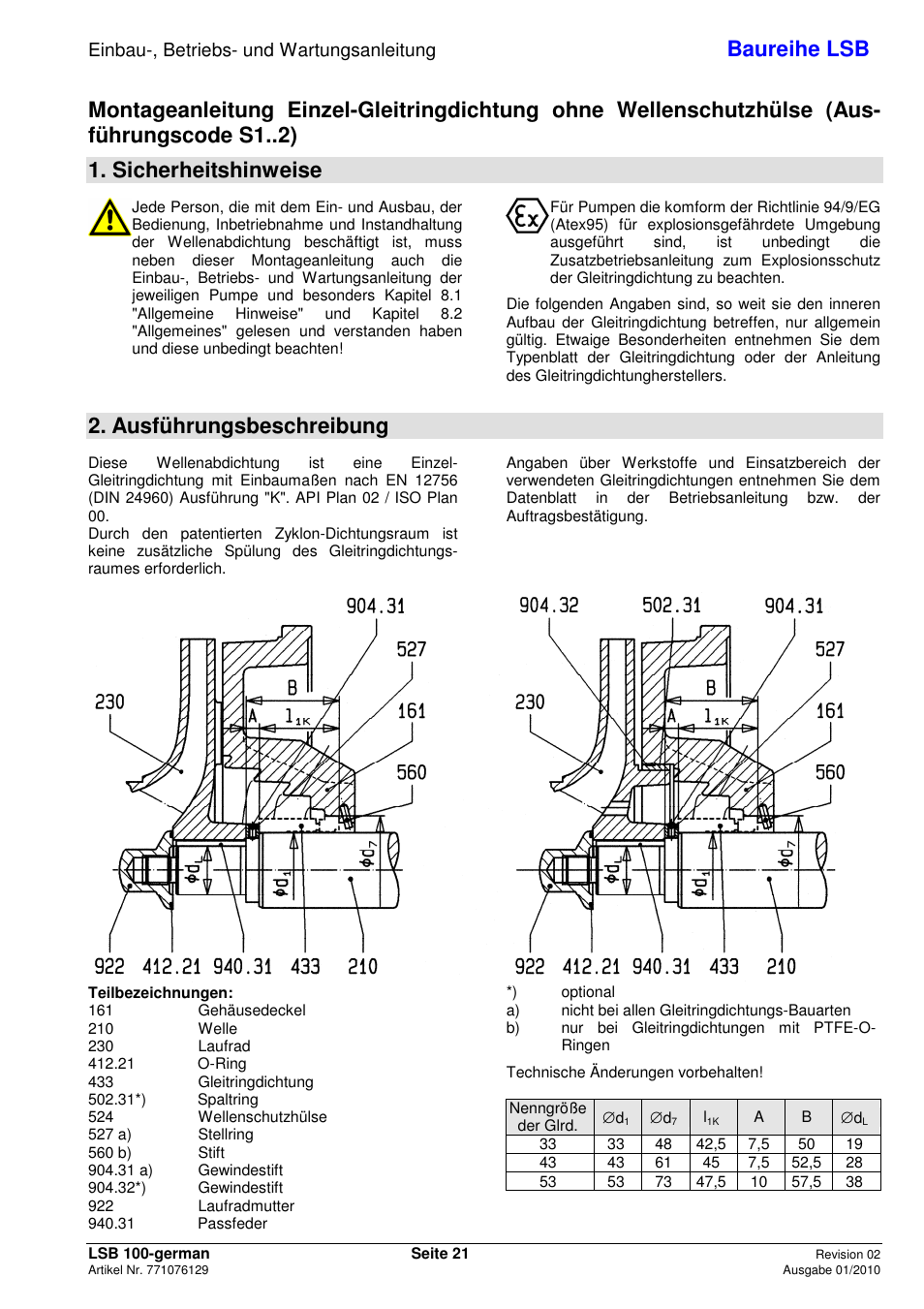 Baureihe lsb, Sicherheitshinweise, Ausführungsbeschreibung | Einbau-, betriebs- und wartungsanleitung | Xylem LSB User Manual | Page 25 / 108