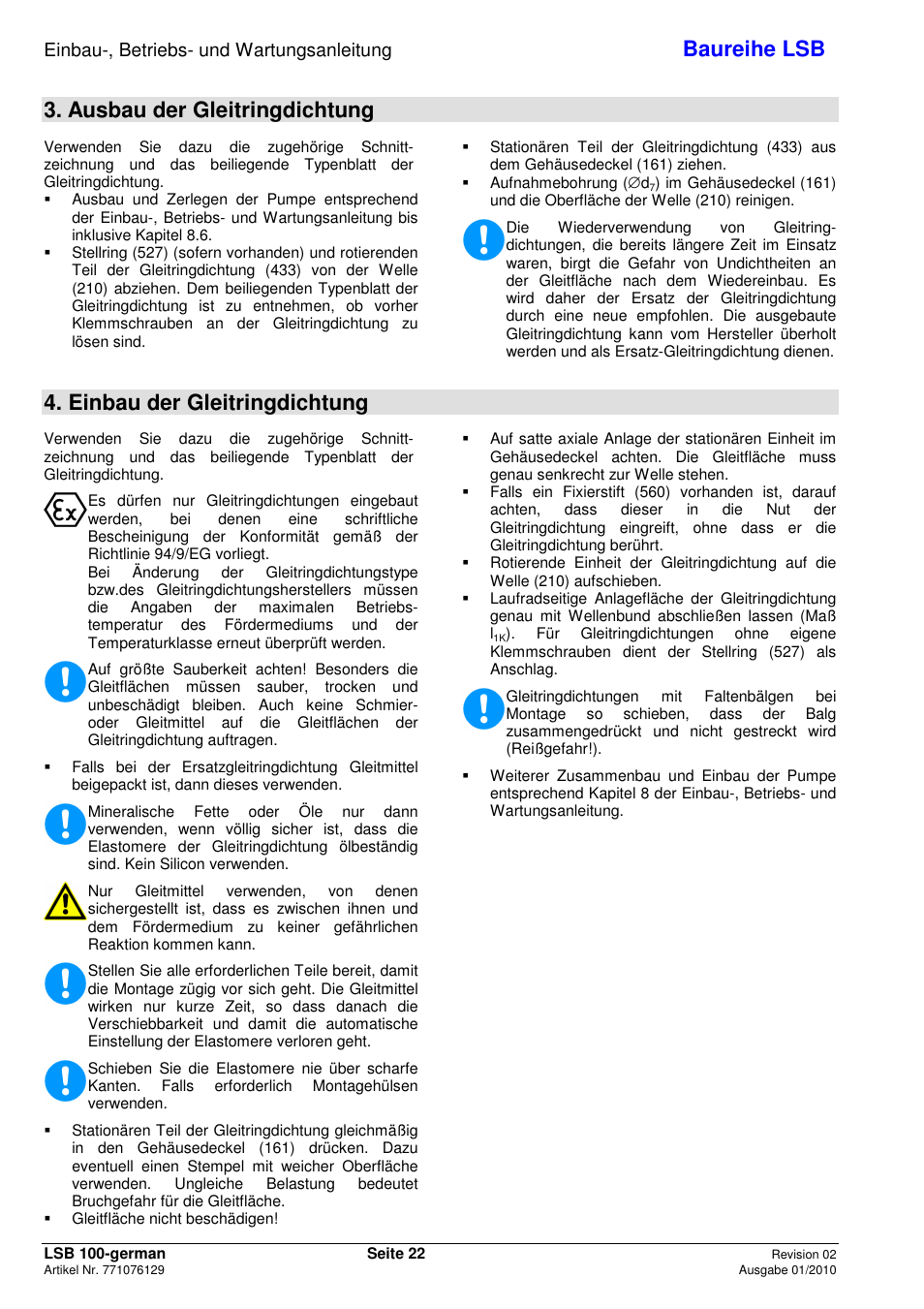 Baureihe lsb, Ausbau der gleitringdichtung, Einbau der gleitringdichtung | Einbau-, betriebs- und wartungsanleitung | Xylem LSB User Manual | Page 26 / 108