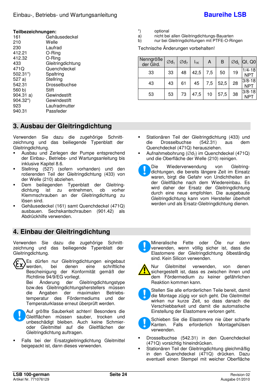 Baureihe lsb, Ausbau der gleitringdichtung, Einbau der gleitringdichtung | Einbau-, betriebs- und wartungsanleitung | Xylem LSB User Manual | Page 28 / 108