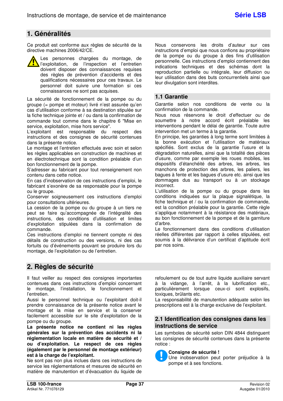 Série lsb, Généralités, Règles de sécurité | 1 garantie | Xylem LSB User Manual | Page 41 / 108