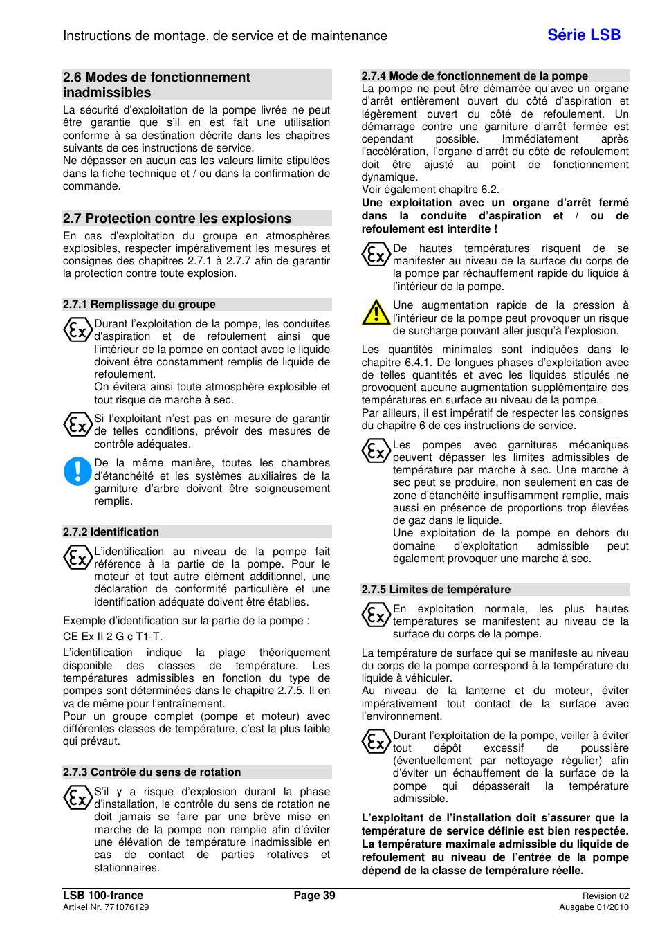 Série lsb, 6 modes de fonctionnement inadmissibles, 7 protection contre les explosions | Xylem LSB User Manual | Page 43 / 108