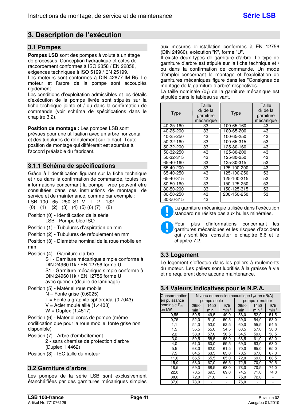 Série lsb, Description de l’exécution, 1 pompes | 1 schéma de spécifications, 2 garniture d’arbre, 3 logement, 4 valeurs indicatives pour le n.p.a | Xylem LSB User Manual | Page 45 / 108