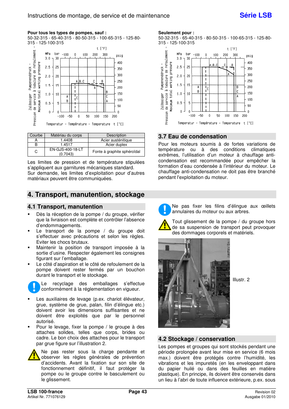 Série lsb, Transport, manutention, stockage, 7 eau de condensation | 1 transport, manutention, 2 stockage / conservation | Xylem LSB User Manual | Page 47 / 108