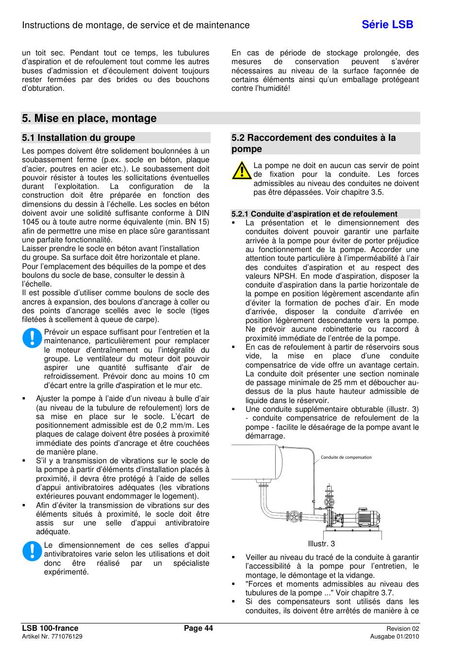 Série lsb, Mise en place, montage, 1 installation du groupe | 2 raccordement des conduites à la pompe | Xylem LSB User Manual | Page 48 / 108