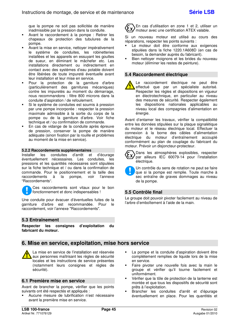 Série lsb, Mise en service, exploitation, mise hors service, 3 entraînement | 4 raccordement électrique, 5 contrôle final, 1 première mise en service | Xylem LSB User Manual | Page 49 / 108