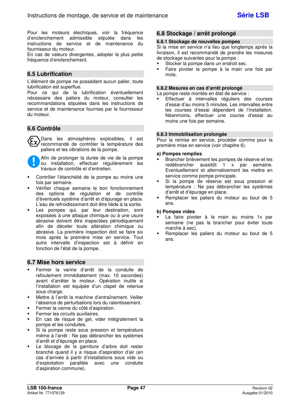 Série lsb, 5 lubrification, 6 contrôle | 7 mise hors service, 8 stockage / arrêt prolongé | Xylem LSB User Manual | Page 51 / 108