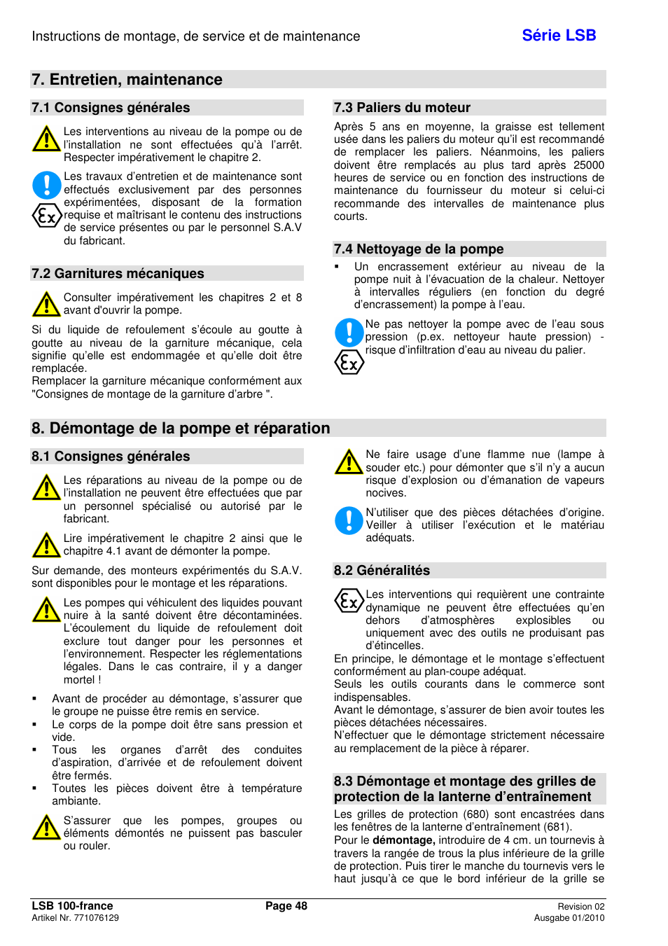 Série lsb, Entretien, maintenance, Démontage de la pompe et réparation | 1 consignes générales, 2 garnitures mécaniques, 3 paliers du moteur, 4 nettoyage de la pompe, 2 généralités | Xylem LSB User Manual | Page 52 / 108