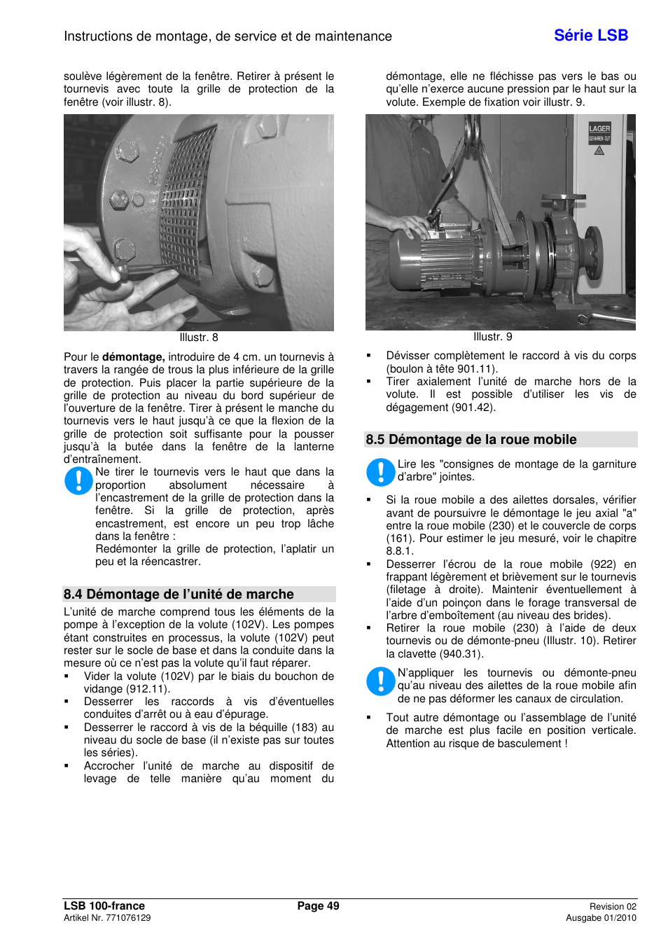 Série lsb, 4 démontage de l’unité de marche, 5 démontage de la roue mobile | Xylem LSB User Manual | Page 53 / 108