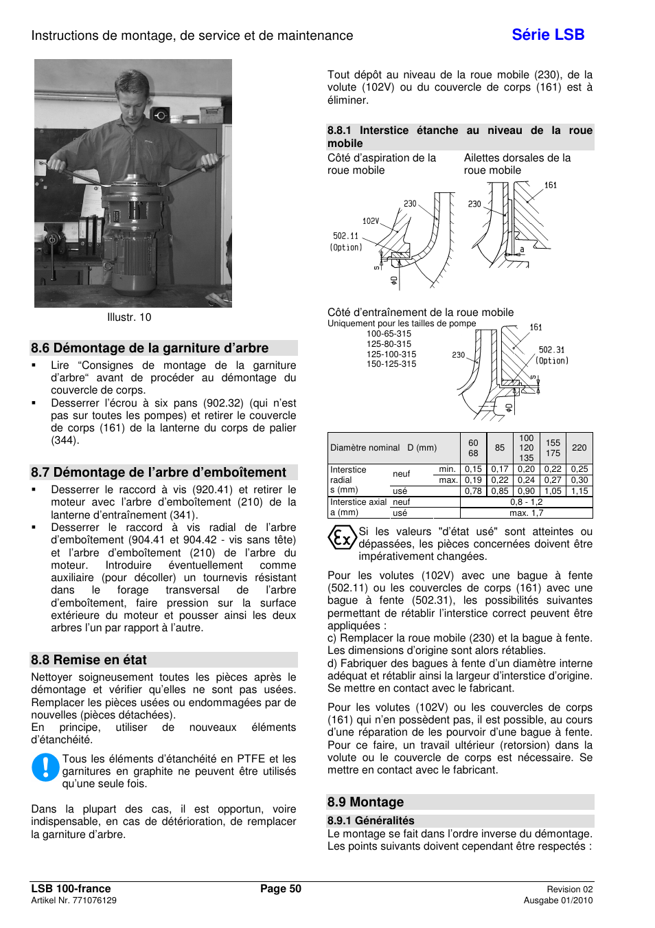 Série lsb, 6 démontage de la garniture d’arbre, 7 démontage de l’arbre d’emboîtement | 8 remise en état, 9 montage | Xylem LSB User Manual | Page 54 / 108