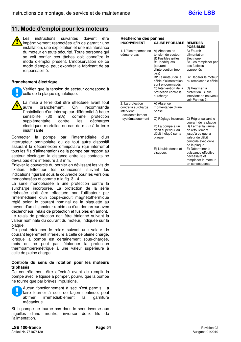 Série lsb, Mode d’emploi pour les moteurs | Xylem LSB User Manual | Page 58 / 108