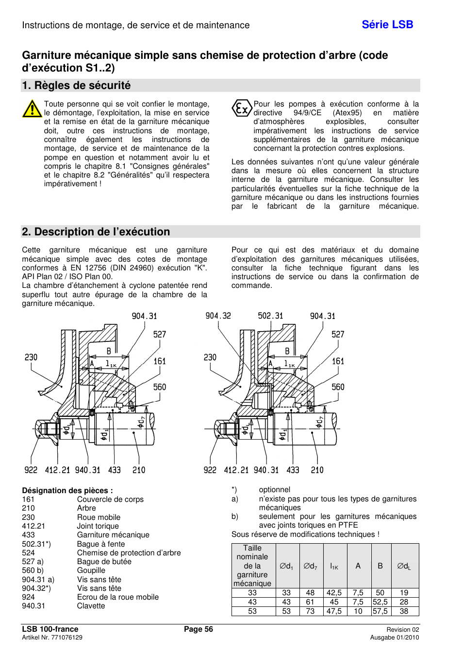 Série lsb, Règles de sécurité, Description de l’exécution | Xylem LSB User Manual | Page 60 / 108