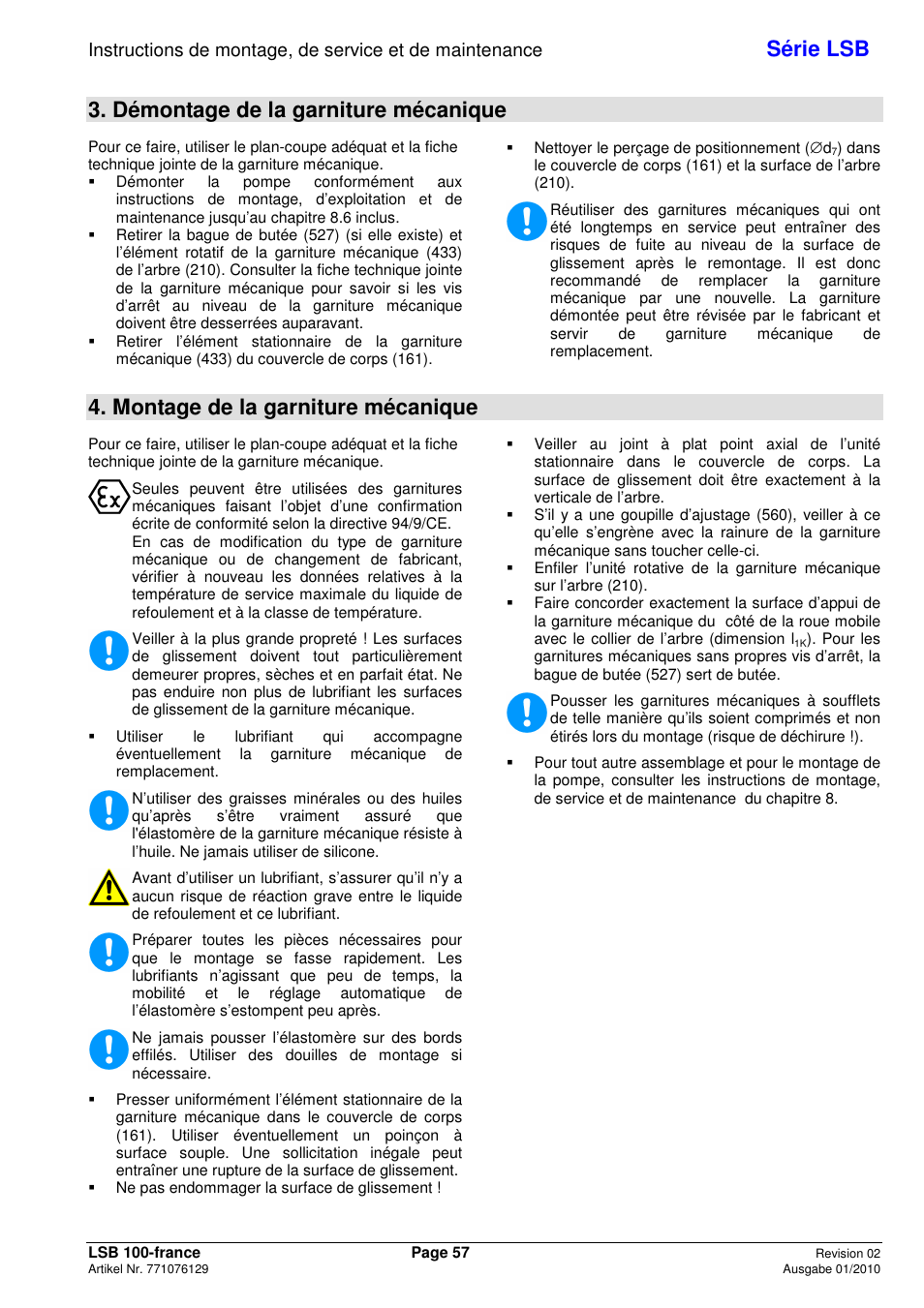 Série lsb, Démontage de la garniture mécanique, Montage de la garniture mécanique | Xylem LSB User Manual | Page 61 / 108