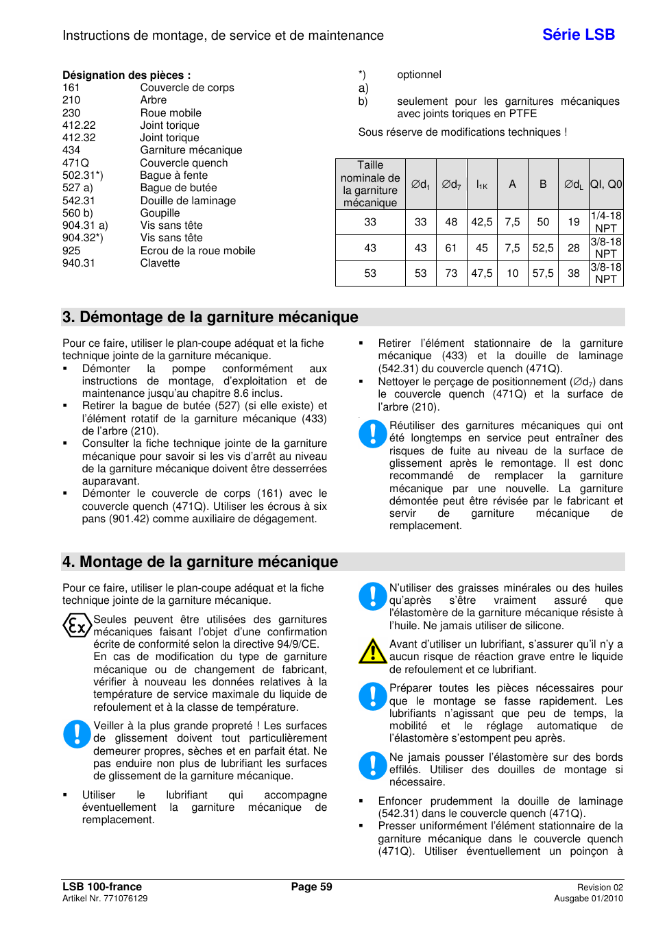 Série lsb, Démontage de la garniture mécanique, Montage de la garniture mécanique | Xylem LSB User Manual | Page 63 / 108