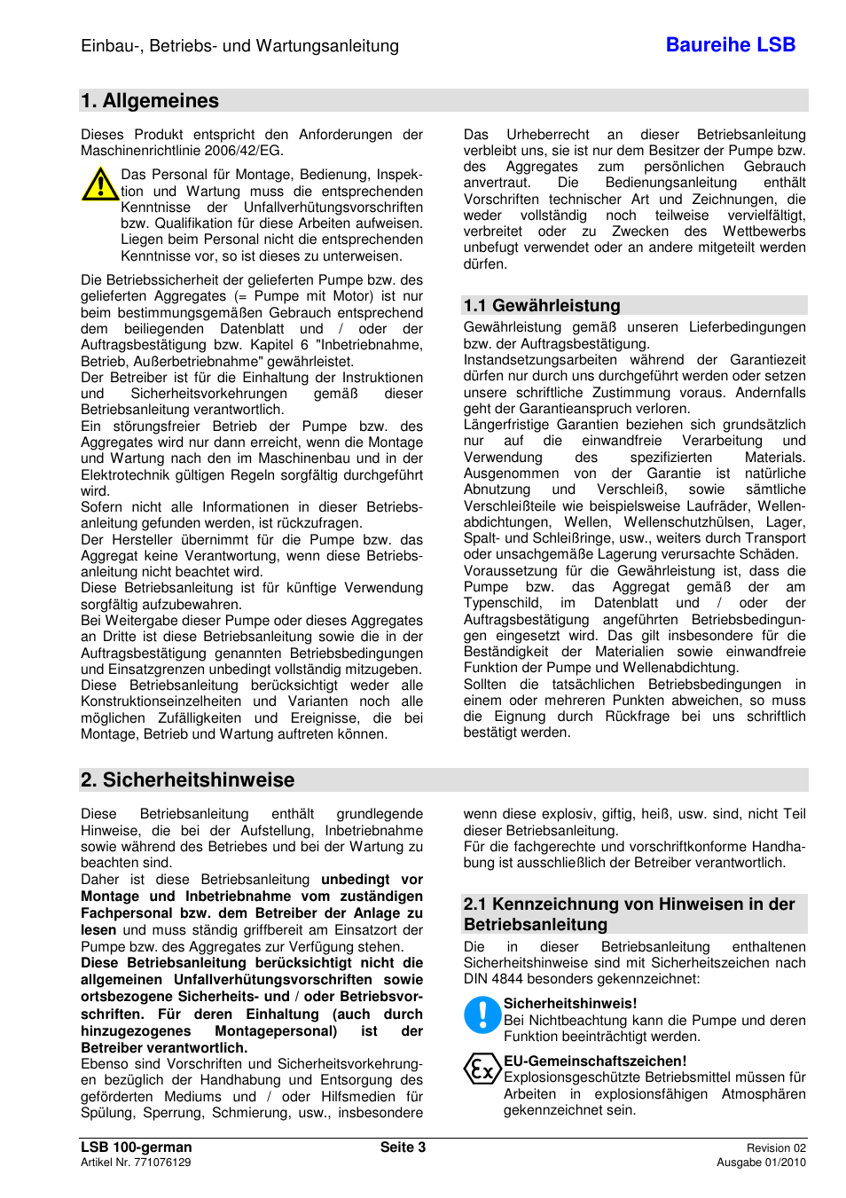 Baureihe lsb, Allgemeines, Sicherheitshinweise | Einbau-, betriebs- und wartungsanleitung, 1 gewährleistung | Xylem LSB User Manual | Page 7 / 108