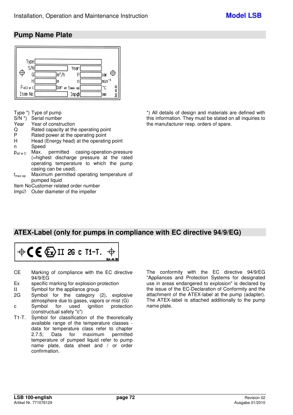 Model lsb, Pump name plate | Xylem LSB User Manual | Page 76 / 108