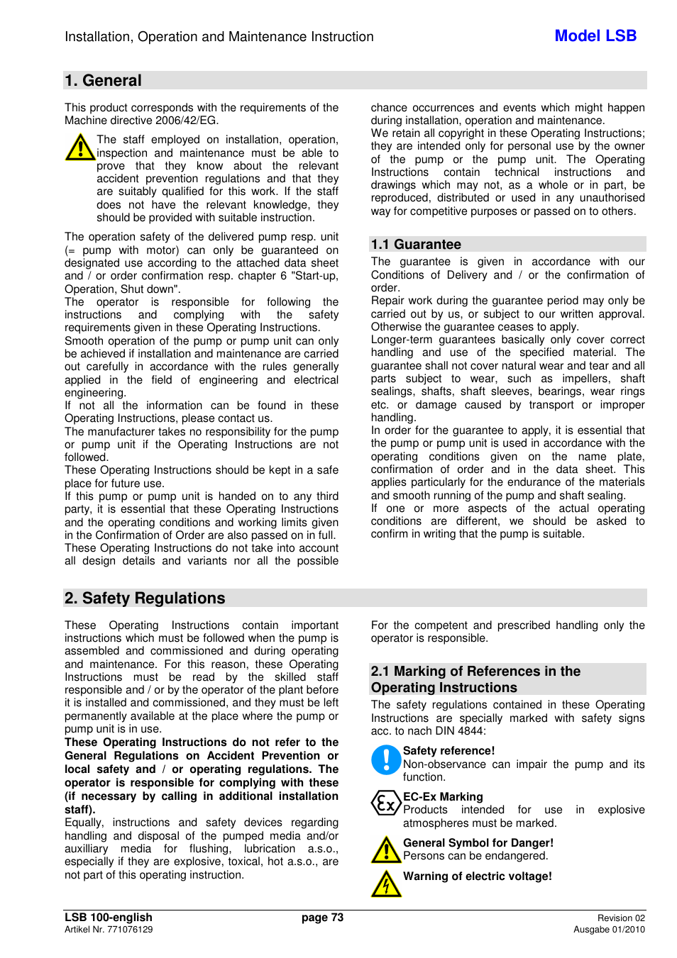 Model lsb, General, Safety regulations | 1 guarantee | Xylem LSB User Manual | Page 77 / 108