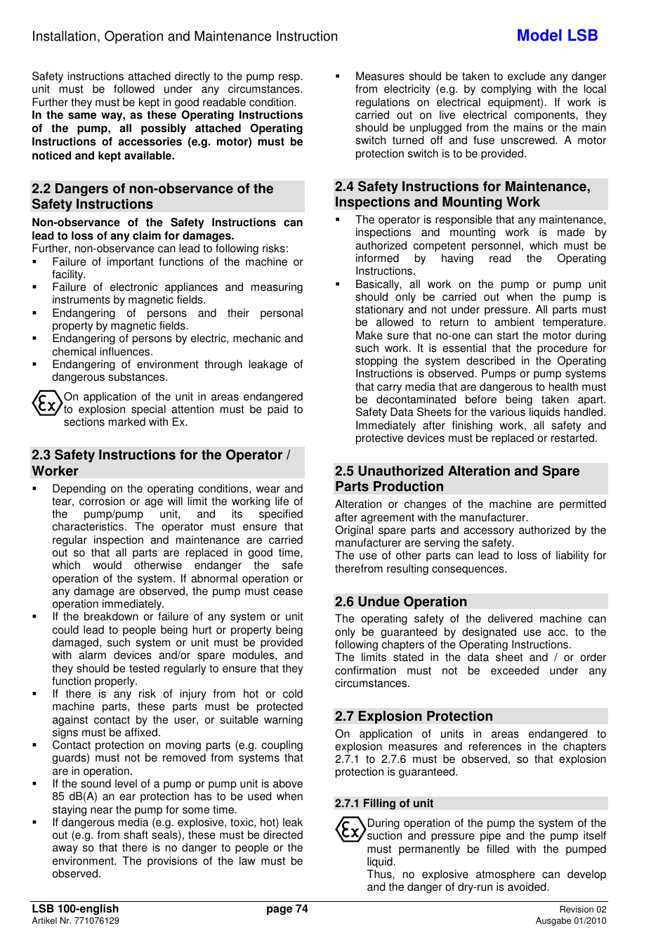 Model lsb, 3 safety instructions for the operator / worker, 6 undue operation | 7 explosion protection | Xylem LSB User Manual | Page 78 / 108