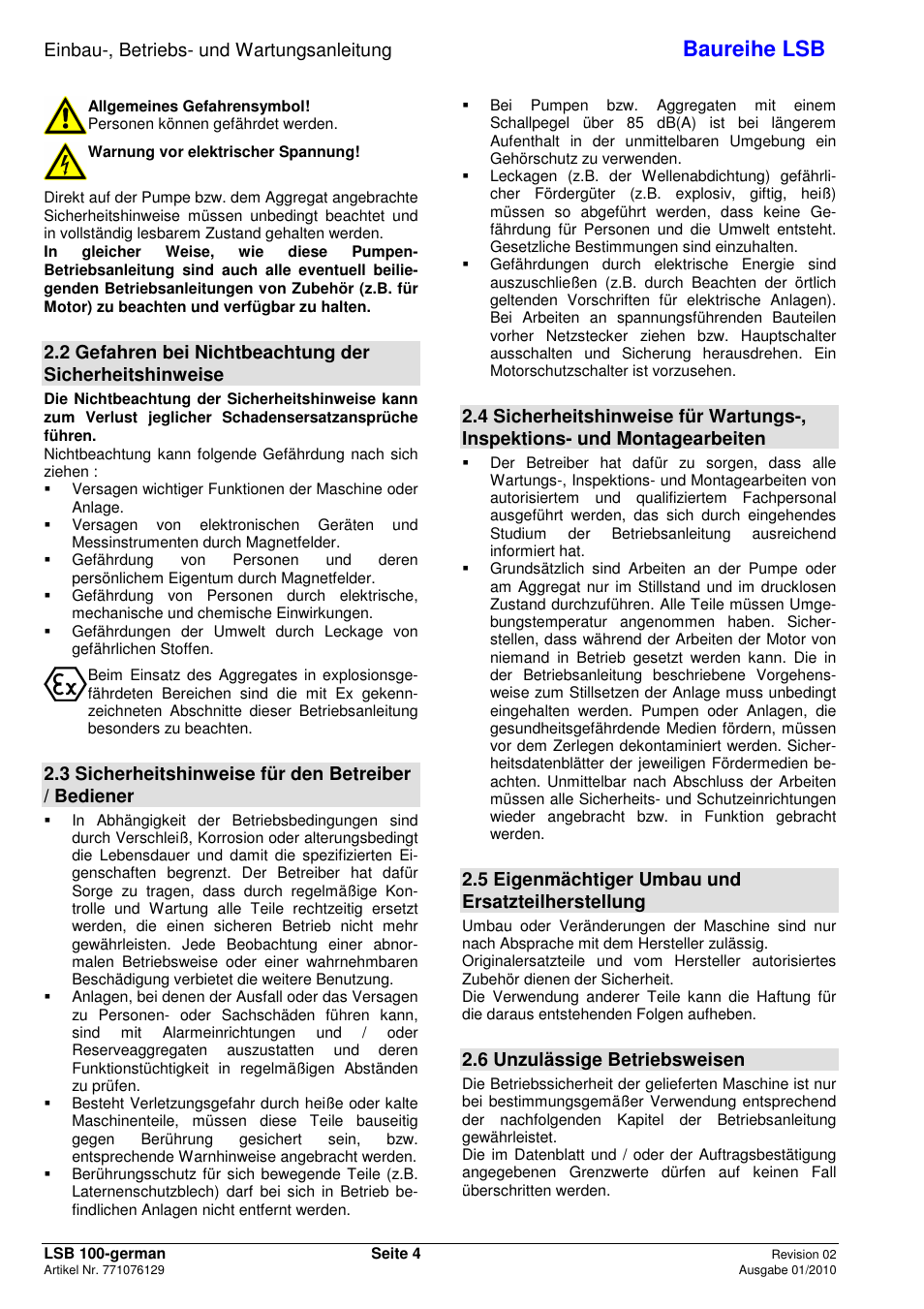 Baureihe lsb, Einbau-, betriebs- und wartungsanleitung, 3 sicherheitshinweise für den betreiber / bediener | 5 eigenmächtiger umbau und ersatzteilherstellung, 6 unzulässige betriebsweisen | Xylem LSB User Manual | Page 8 / 108