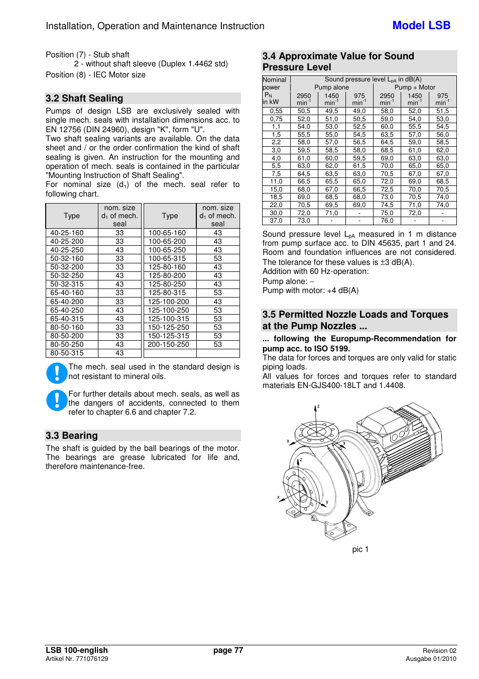 Model lsb, 2 shaft sealing, 3 bearing | 4 approximate value for sound pressure level | Xylem LSB User Manual | Page 81 / 108