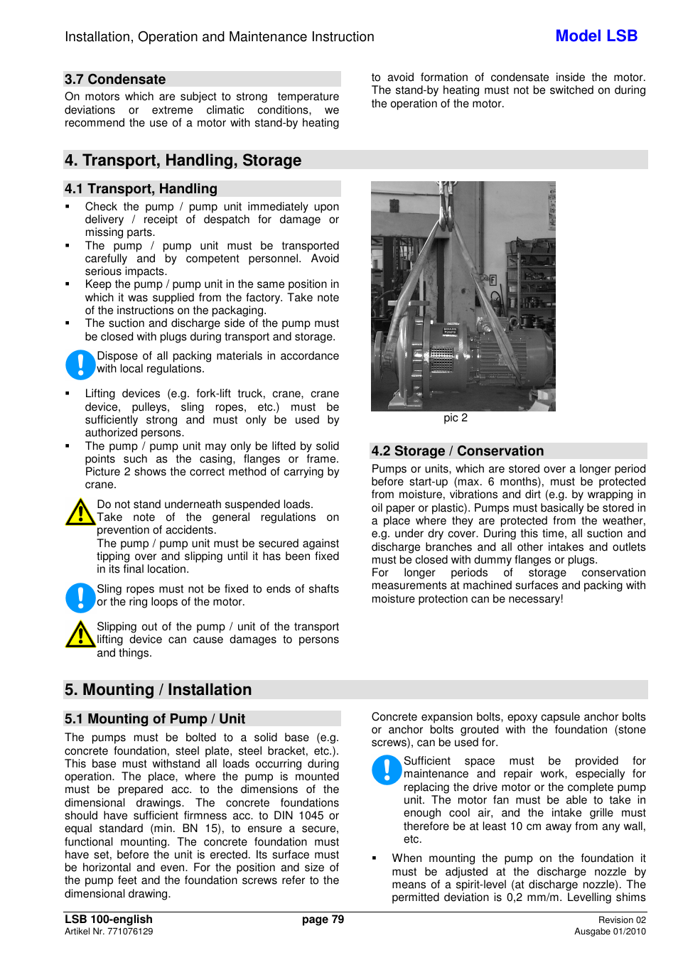Model lsb, Transport, handling, storage, Mounting / installation | 7 condensate, 1 transport, handling, 2 storage / conservation, 1 mounting of pump / unit | Xylem LSB User Manual | Page 83 / 108