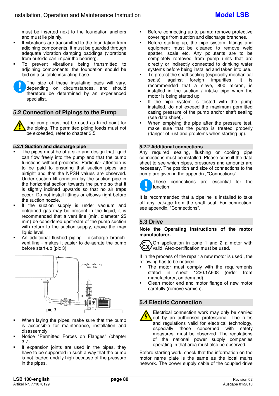 Model lsb, 2 connection of pipings to the pump, 3 drive | 4 electric connection | Xylem LSB User Manual | Page 84 / 108