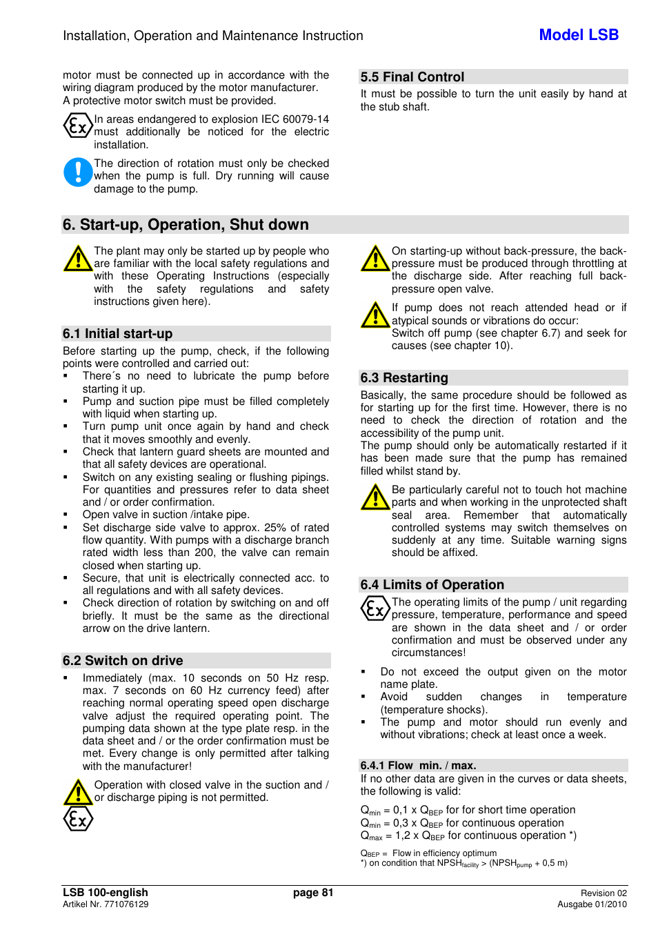 Model lsb, Start-up, operation, shut down, 5 final control | 1 initial start-up, 2 switch on drive, 3 restarting, 4 limits of operation | Xylem LSB User Manual | Page 85 / 108